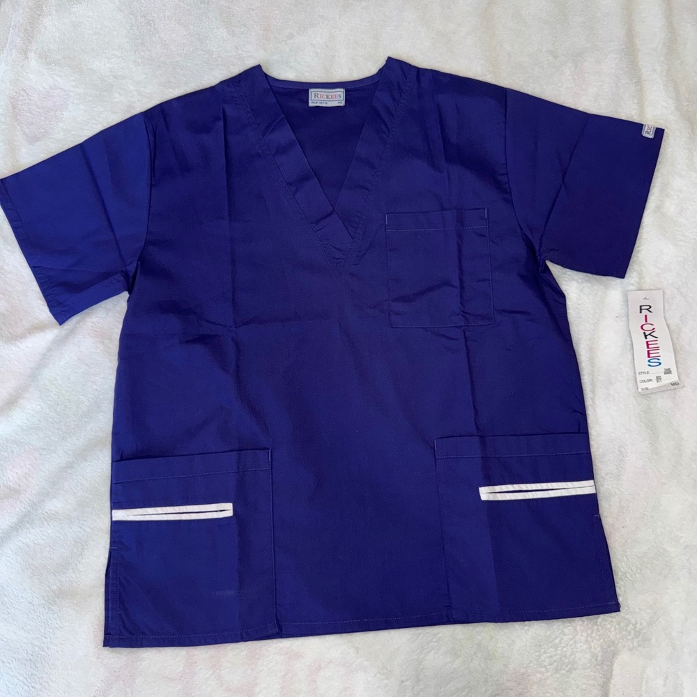 Rickees Royal Blue V-Neck Scrub Top Short Sleeve Contrast Trim T2440C MD NEW